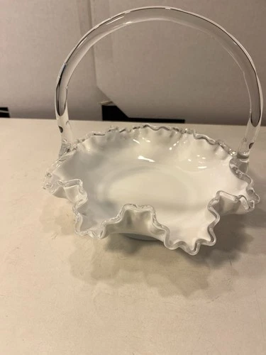 Fenton Silver Crest 7" Ruffle Edge Basket - Bamboo Handle - Excellent Condition