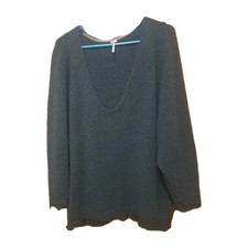 Free People Oversized Slouchy Deep V Neck Greenish Gray Fringe Sweater Womens M