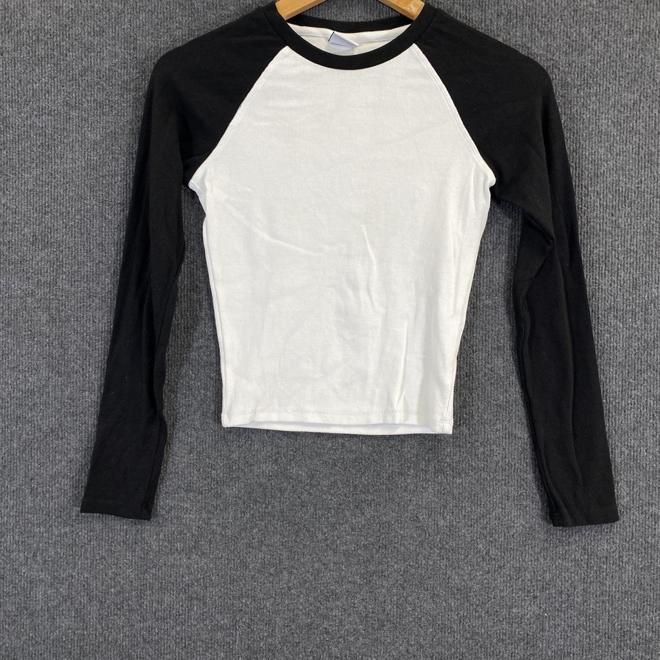 Muscle Republic Shirt Womens S White Black Raglan Long Sleeve Basic Tee Casual