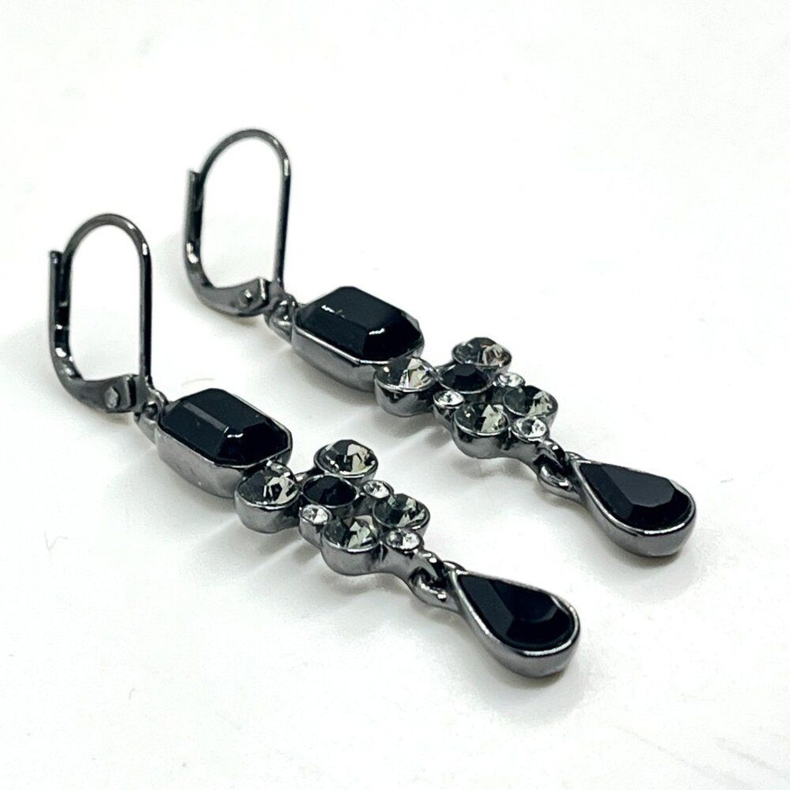 GIVENCHY Gunmetal Black Rhinestone Drop Earrings Faceted Glass Leverback Classic thumbnail 6