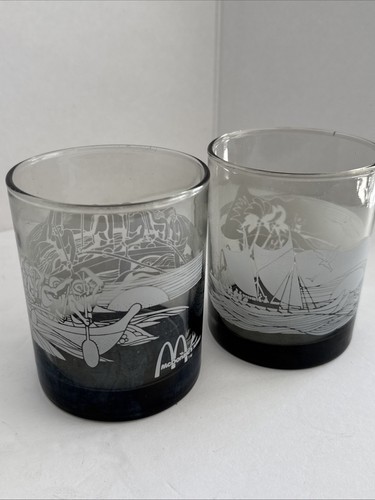 McDonalds Hawaii Glasses Tiki Bar Decor Canoe Smoke Color Vintage Pair Whiskey - Picture 3 of 15