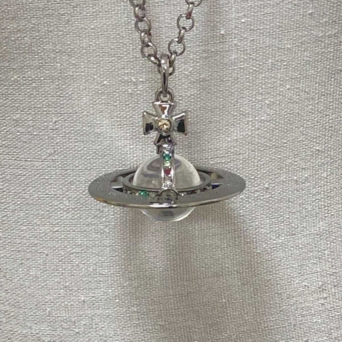 Vivienne Westwood Necklace Small Orb Clear Gunmetal Chain 80cm Top