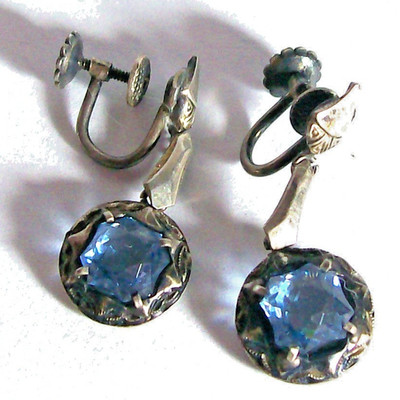 Vintage Antique ART DECO STERLING DANGLE EARRINGS with BLUE GLASS-Screwbacks