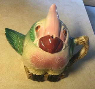 Vintage Parrot Majolica Teapot Small Colorful Tropical Bird