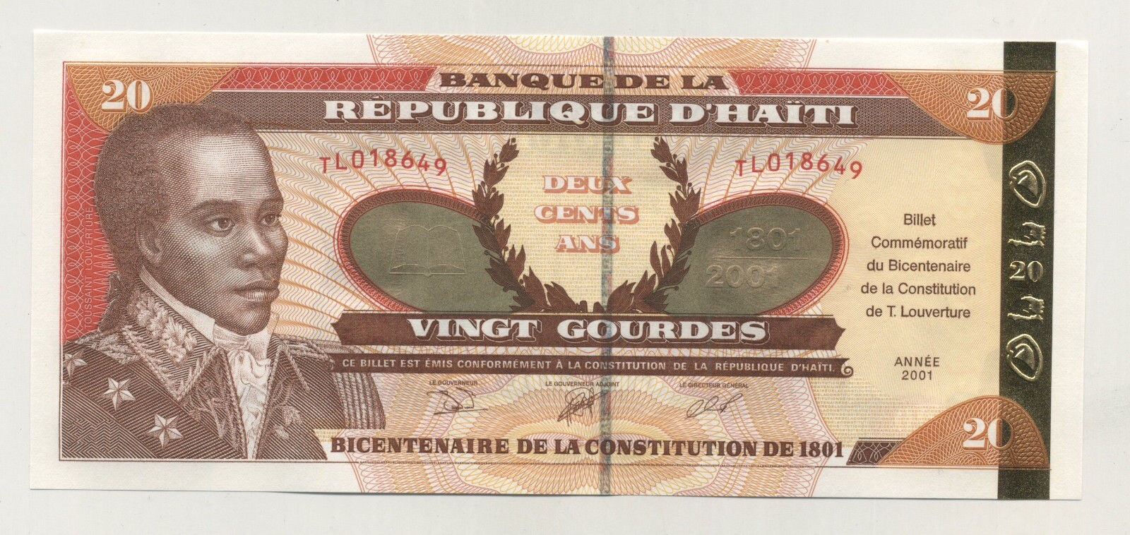 Billete dorado sin circular Haití 20 Gourdes 2001 Pick 271 UNC