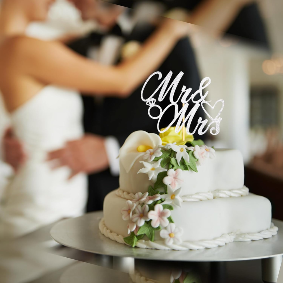 1 Pack Mr Mrs Cake Topper, Silver Glitter Love Mr Mrs Cake Pick Wedding
