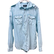 Saks Fifth Ave Mens Linen Shirt Blue Casual Utility Button Up Long Sleeve Slim F