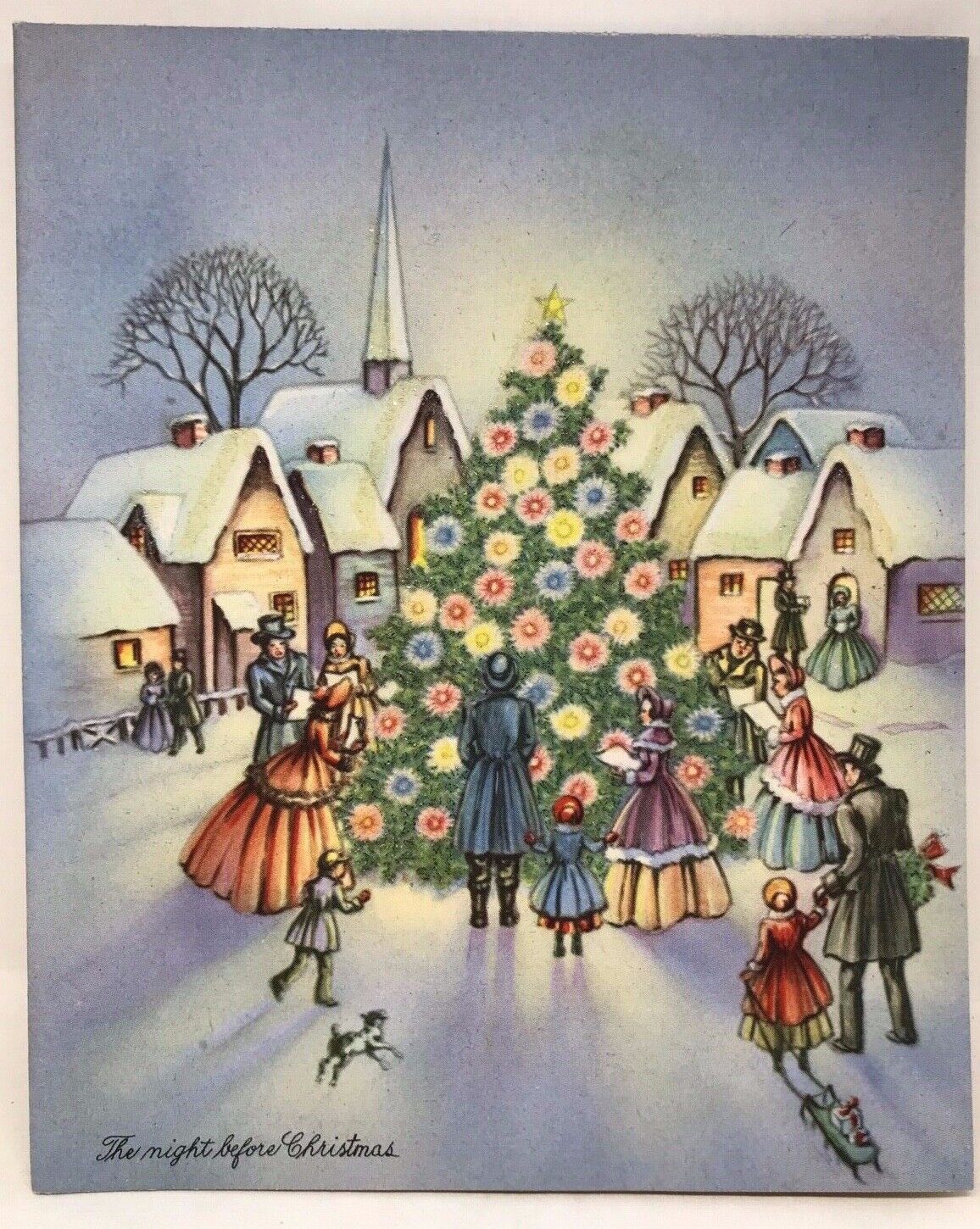 Unused Vintage 1940s / 1950s Christmas Card, Town Square Tree with ...