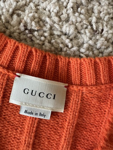 GUCCI Wool Cardigan Orange Girls Size 8 Italy Red White Stripe Cableknit - Picture 2 of 10