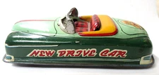 circa 1950 NEW DRIVE CAR w/Cocker Spaniel dog 5.5" Japan tin friction working