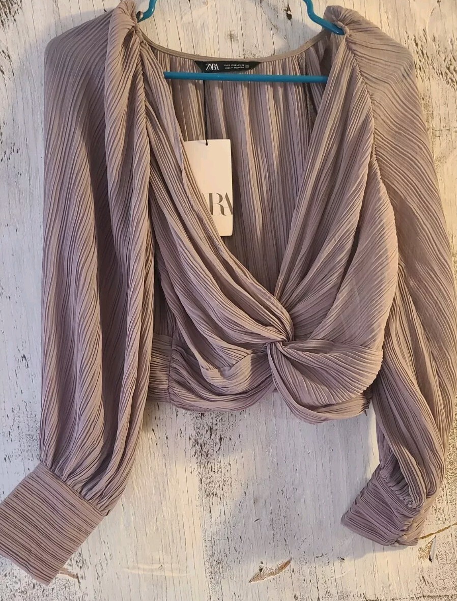 New with Tags Zara Crop Taupe Knotted Pleated Blouse Top S