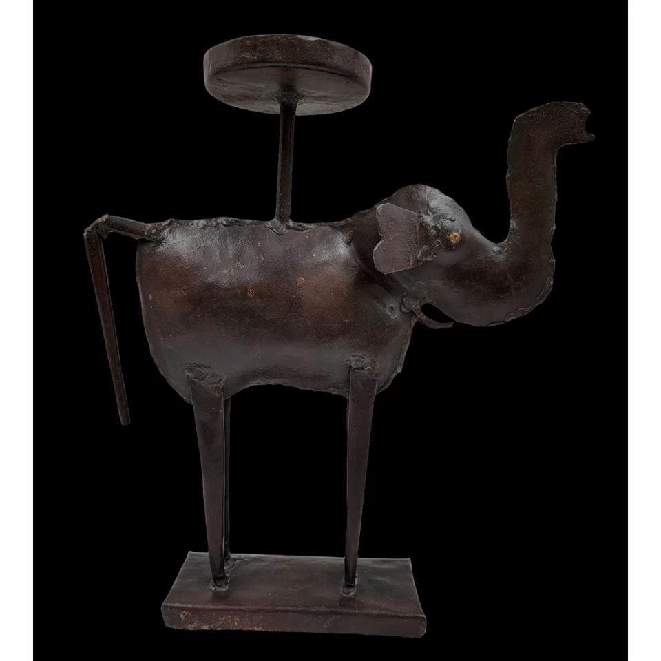 Pier 1 Metal Elephant Candle Holder Primitive Pillar Rustic Hand Made 12" Tall - Image 3 of 4