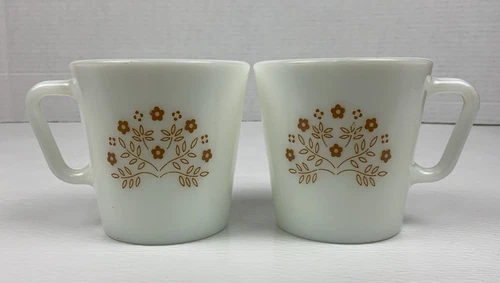Vintage Pyrex “Summer Impressions” D-Handle Milk Glass Coffee Mugs, Set Of 2