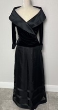 TADASHI Vtg Silk Maxi Skirt Velvet 3/4 Sleeve Blouse 2 Piece Black Whimsigoth L