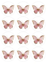 12 count Pink and Gold Butterfly Edible Image rounds, Wafer paper, pre cut