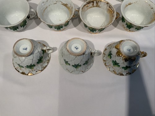 11 Antique Meissen Oak Leaf Design Green Gold Cups Hard To Find Form - Picture 3 of 17