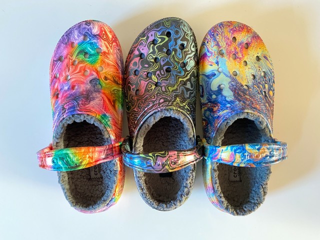 multicolor crocs with fur