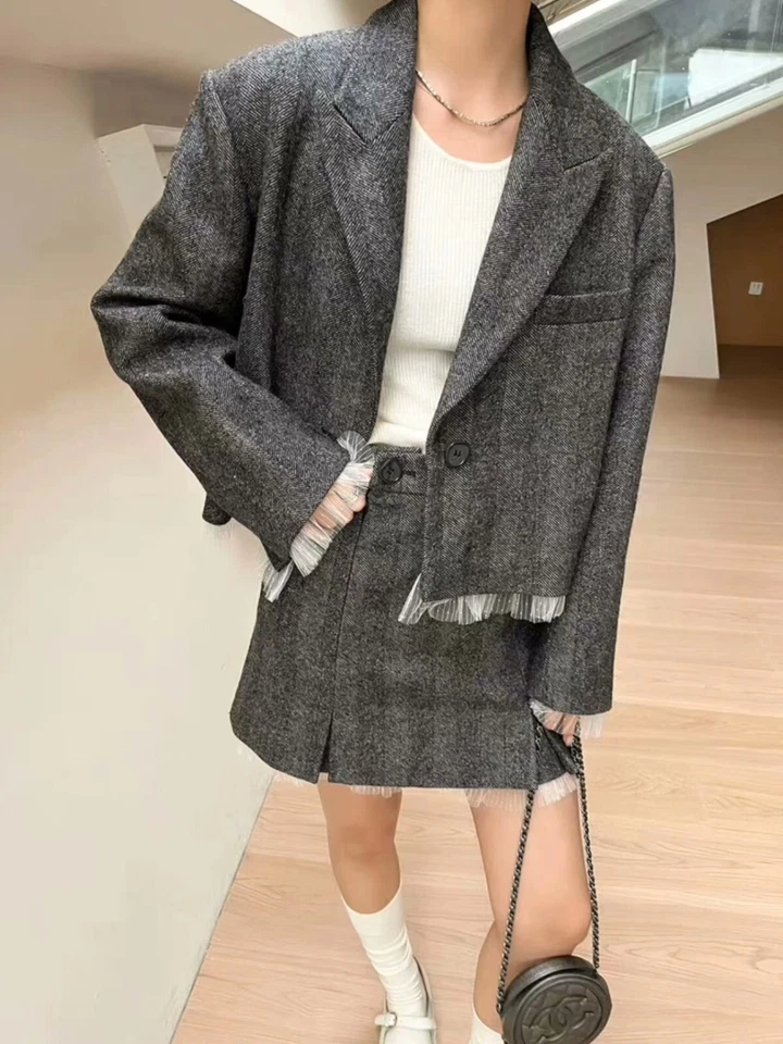 Traje 100 % lana australiana con ribete de encaje lana espiga chaqueta corta/minifalda Foto 4 de 4