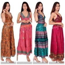 10 PC Women Evening Summer Dress Indian Sari Silk Long Maxi Bohemia