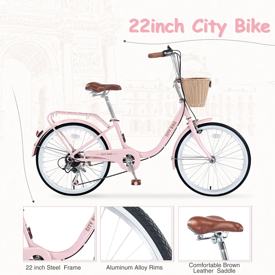 7 Speed Bike Cruiser for Girls Women with Ratten Basket 22 Inch Girls Bicycle - Image 2 of 4