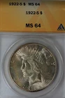 1922 S $1 MS 64 ANACS,  Peace Dollar 1900's Silver Dollar