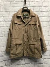 NICE Eddie Bauer Tan Lined Cotton Barn Coat M Chore Jacket Hunting Zip Hood A2