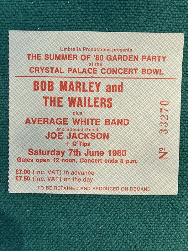 BOB MARLEY and THE WAILERS- ORIGINAL CONCERT TICKET STUB-1980-LAST TOUR-RARE