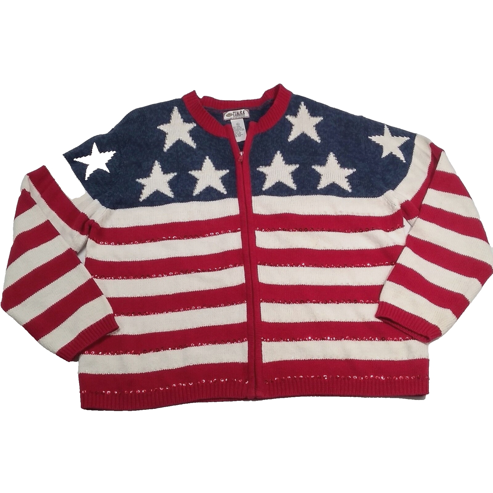 Vintage Tiara Stars Stripes Zip Cardigan Sweater Flag Womens XL Sequins RN 83437