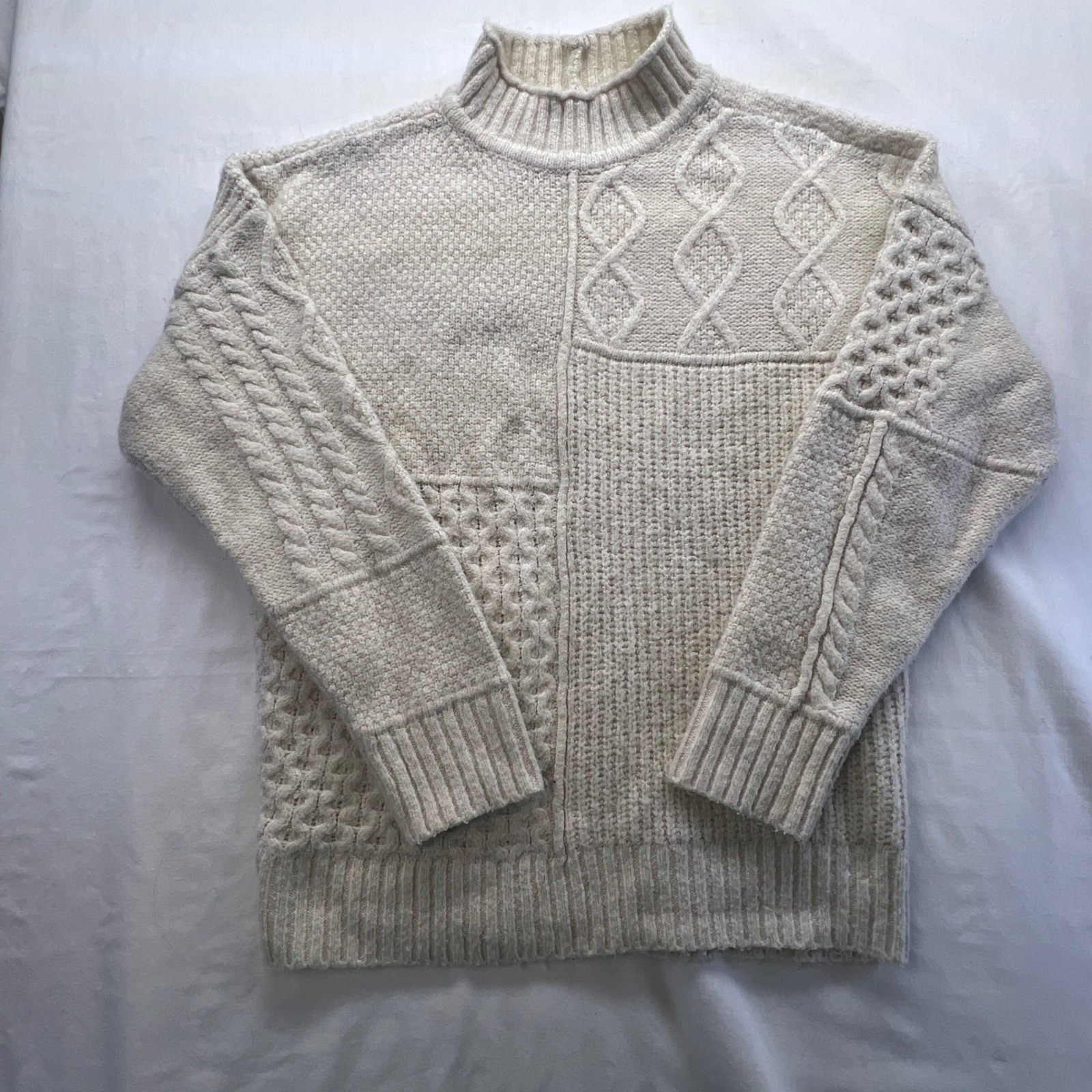 American Eagle Cream Patchwork Cable Knit Mock Ne… - image 2