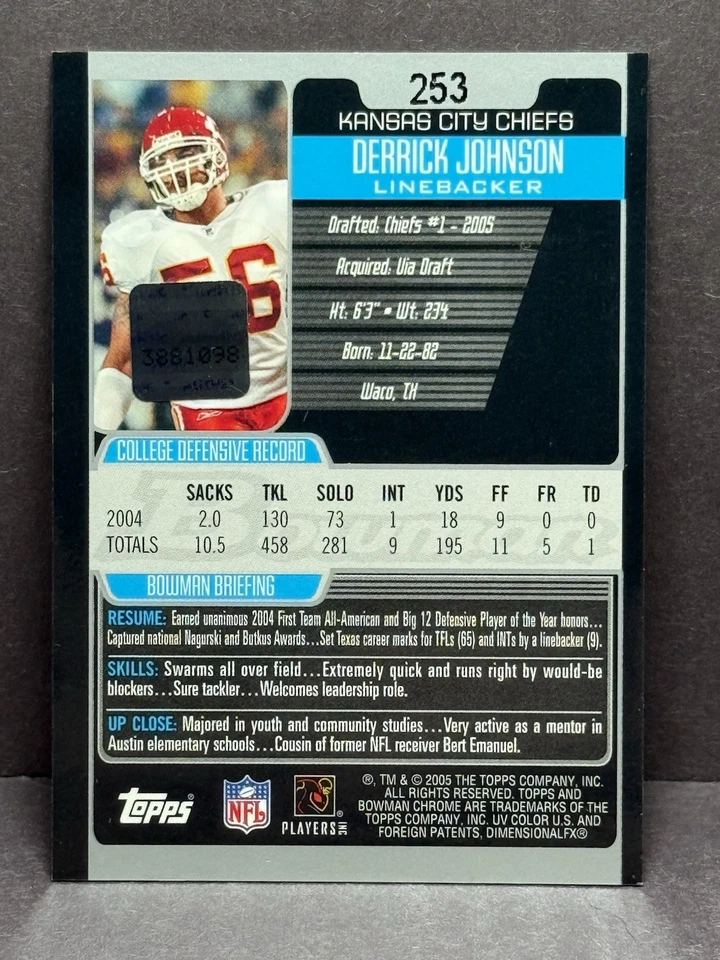Derrick Johnson 2005 Bowman Chrome Rookie Autograph #253 - Image 2 of 2