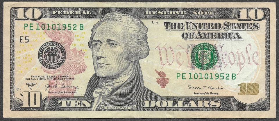 October 10, 1952 Birthday / Anniversary Date Note Fancy Serial $10 Dollar Bill - Image 3 of 4