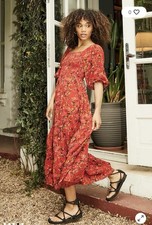 Urban Outfitters Lottie Red Bloom Maxi Dress Floral Printed Smocked Tie Back S