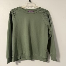 Gloria Vanderbilt Womens Sweatshirt Green Lace Shoulder Long Sleeve Pullover L