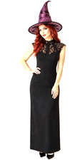 Women Elegant Witch Costume S Black Lace Long Dress  Purple Hat OOAK Halloween