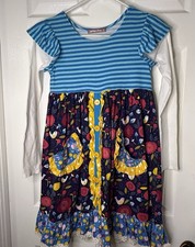 Jelly The Pug Blue Yellow Bella Folk Art Cotton Girls Dress Long Sleeve Size 14