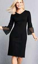 Talbots Black Ponte Sheath Black Dress Crochet Lace 3/4 Bell Sleeves Size 4