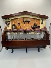 Vintage Wooden Spice Rack Wall Mount 6 Glass Jars Rustic Country Kitchen