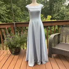 Vintage 1990s Alfred Angelo Union Made Light Blue Portrait Neck Prom Dress, M