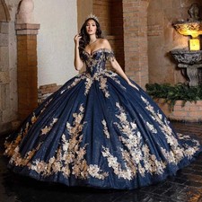 navy blue Quinceanera Dresses Off Shoulder Gold Lace Applique Ball Gown Sweet 16