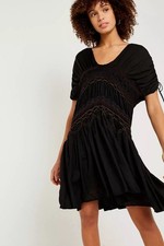 Free People Black Rainbow Smocked Boho Mini Dress S Ruched Embroidered NWT