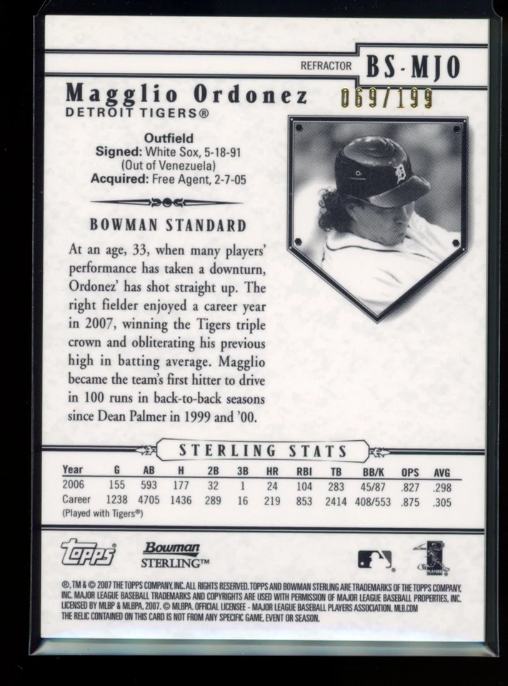 2007 Bowman Sterling #BS-MJO Magglio Ordonez Refractors #/199 - Image 2 of 2
