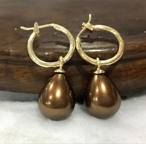 Authentic LARGE 12x16MM DRIP COFFEE SOUTH SEA SHELL PEARL DANGLE EARRING Gold Plated