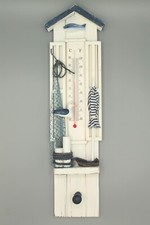 Thermometer 40 cm Holz maritim dekoriert mit Haken weiss-blau Vintage Look