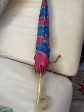 VTG Fabric Parasol Umbrella w/ Bakelite Handle  Wooden Shaft Plaid