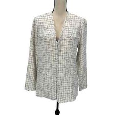 Club Monaco Long Sleeve Rough Hem Plaid Marrylynne Blazer - White Black -size 12
