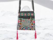 Pink Tassel Fabric Embroidered Flower Crossbody Bag with Zipper Closure