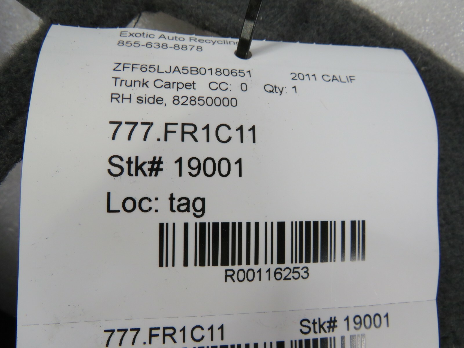 Ferrari California, RH, Right Side Trunk Carpet Panel, Used, P/N 82850000