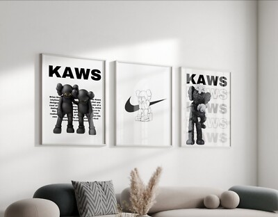 Set of 3  Black and white Kaws Art pieces canvas wall art home decor