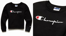 NEW Champion Kids unisex Script Boxy Crew Neck Black Long sleeve Sweatshirt Sz M