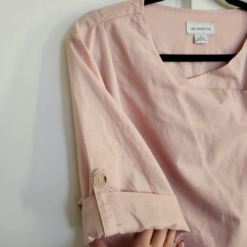 Liz Claiborne Linen Cotton Blend Roll Tab Sleeve Front Zip Top Size XL - Picture 4 of 11